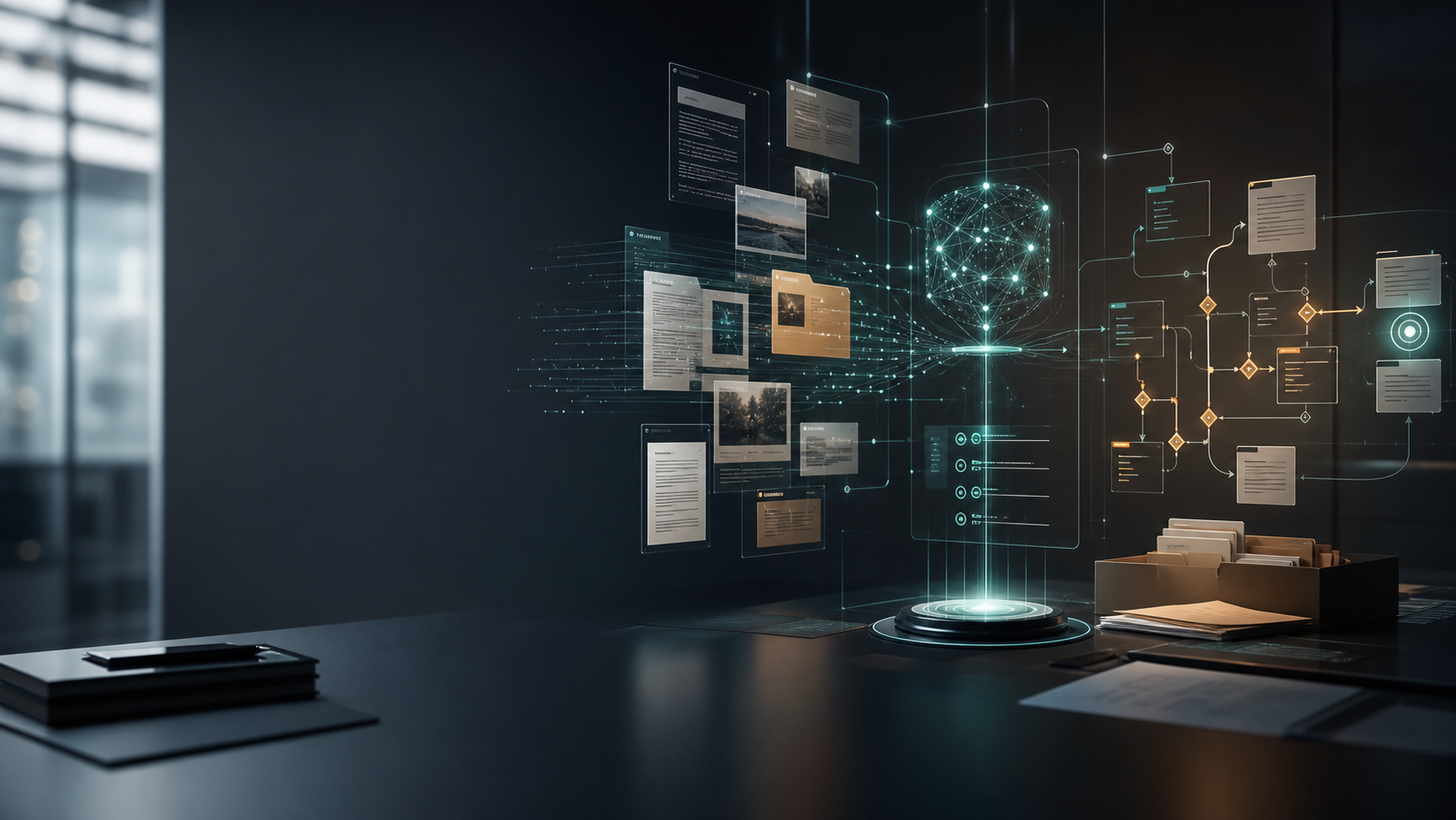 Abstract evidence streams converging into an AI analysis workspace